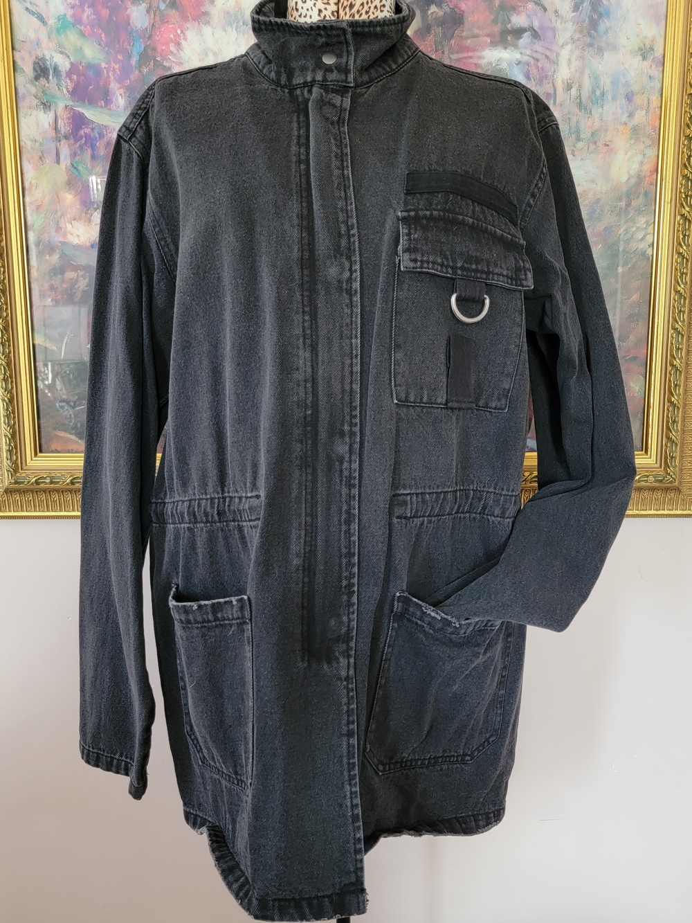 Black Acid Wash Denim Military Field Jacket